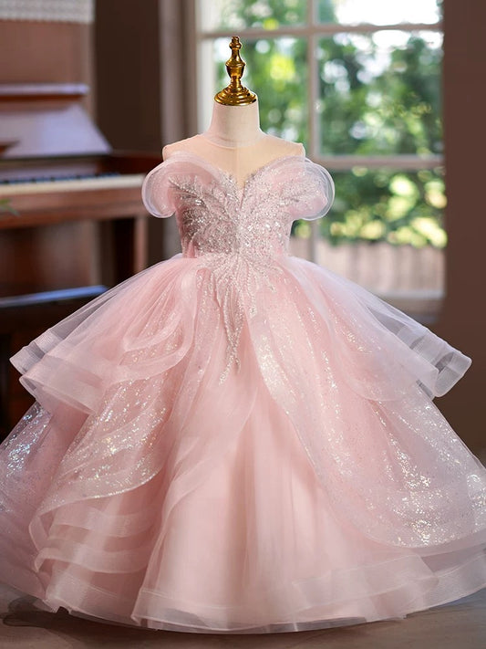 Glinda Inspired Bubble Princess Dress Pink Fairy Gown Cosplay Costume for Kids