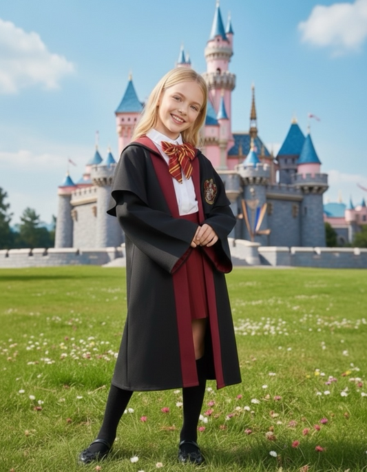 Kids Wizard School Uniform Cloak with Red Lining, Magic Student Costume for Halloween & Party