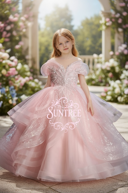 Glinda Inspired Bubble Princess Dress Pink Fairy Gown Cosplay Costume for Kids