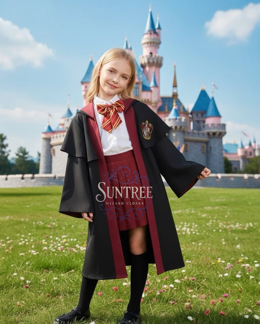 Kids Wizard School Uniform Cloak with Red Lining, Magic Student Costume for Halloween & Party